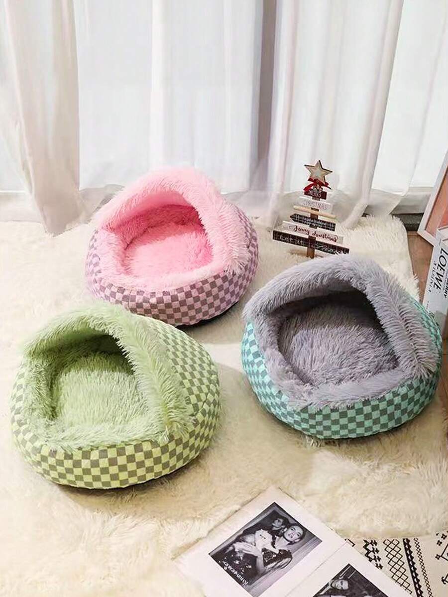 Multicolor semi-enclosed shell pet bed warming nest for cats and dogs made from 100% polyester.