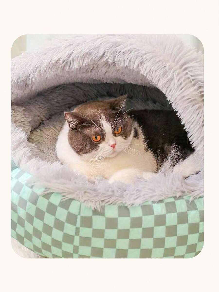 Multicolor semi-enclosed shell pet bed warming nest for cats and dogs made from 100% polyester.
