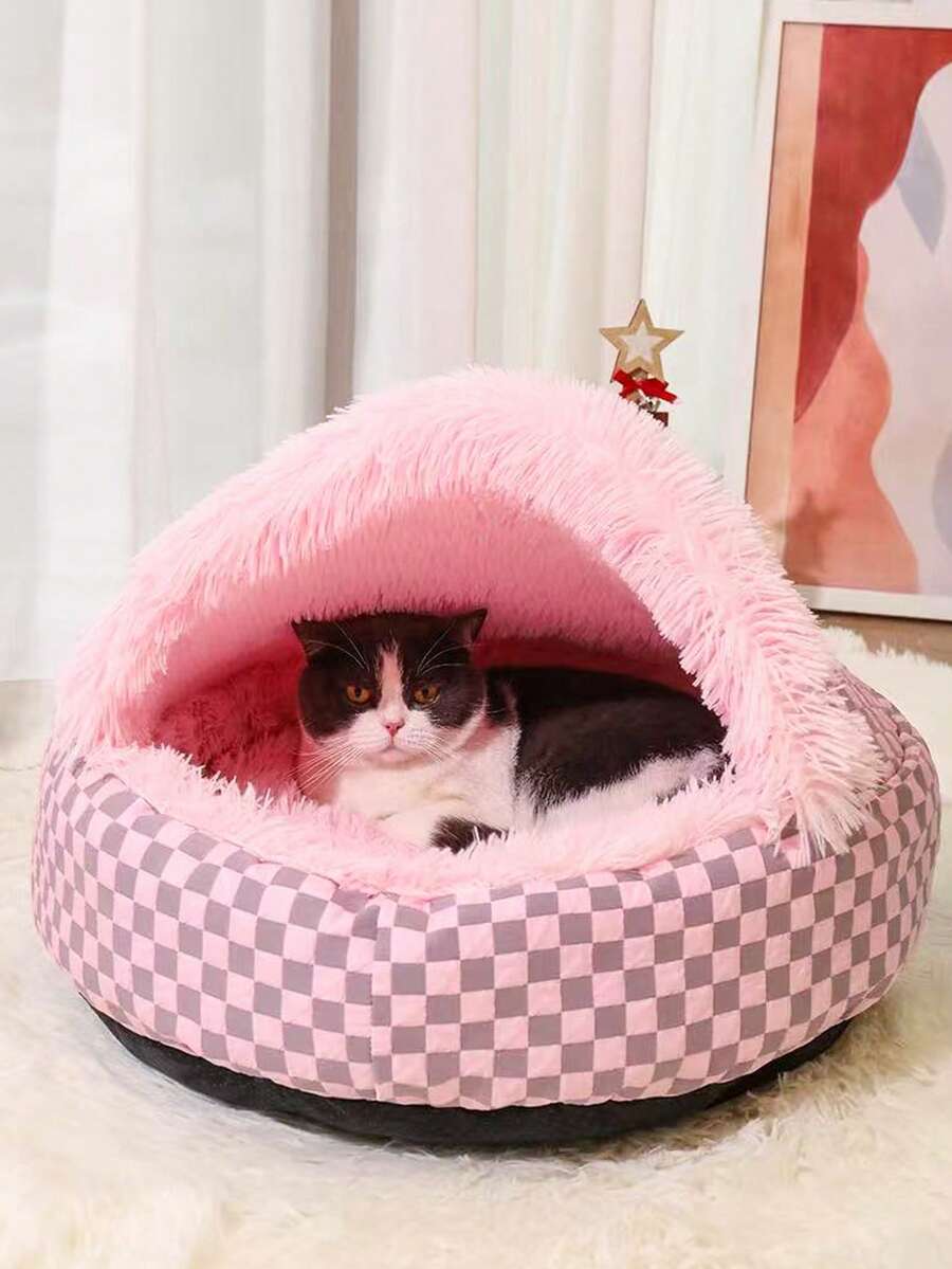 Multicolor semi-enclosed shell pet bed warming nest for cats and dogs made from 100% polyester.