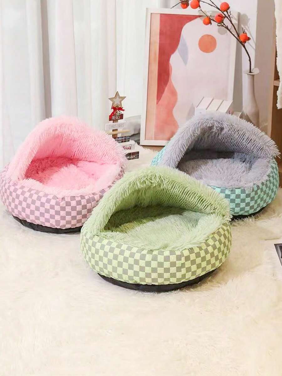 Multicolor semi-enclosed shell pet bed warming nest for cats and dogs made from 100% polyester.