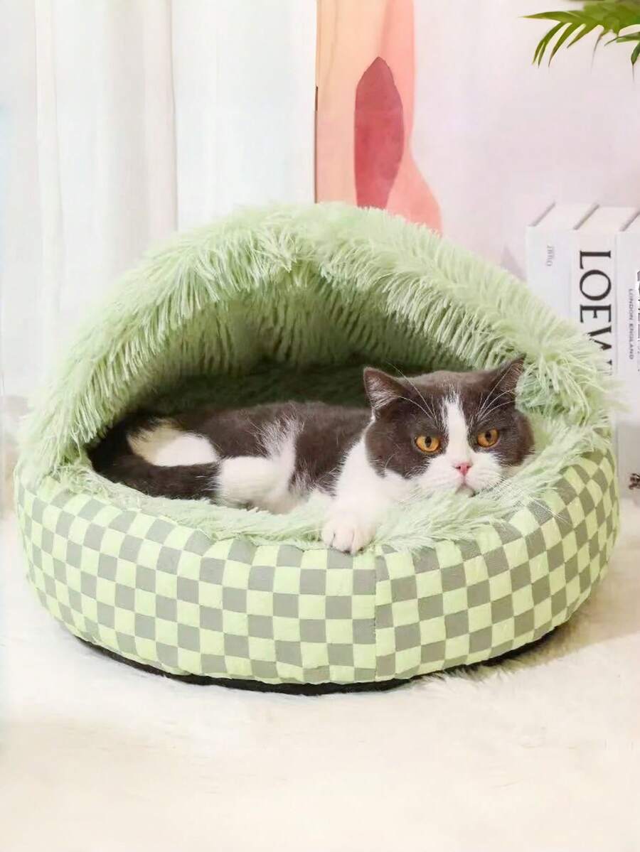 Multicolor semi-enclosed shell pet bed warming nest for cats and dogs made from 100% polyester.