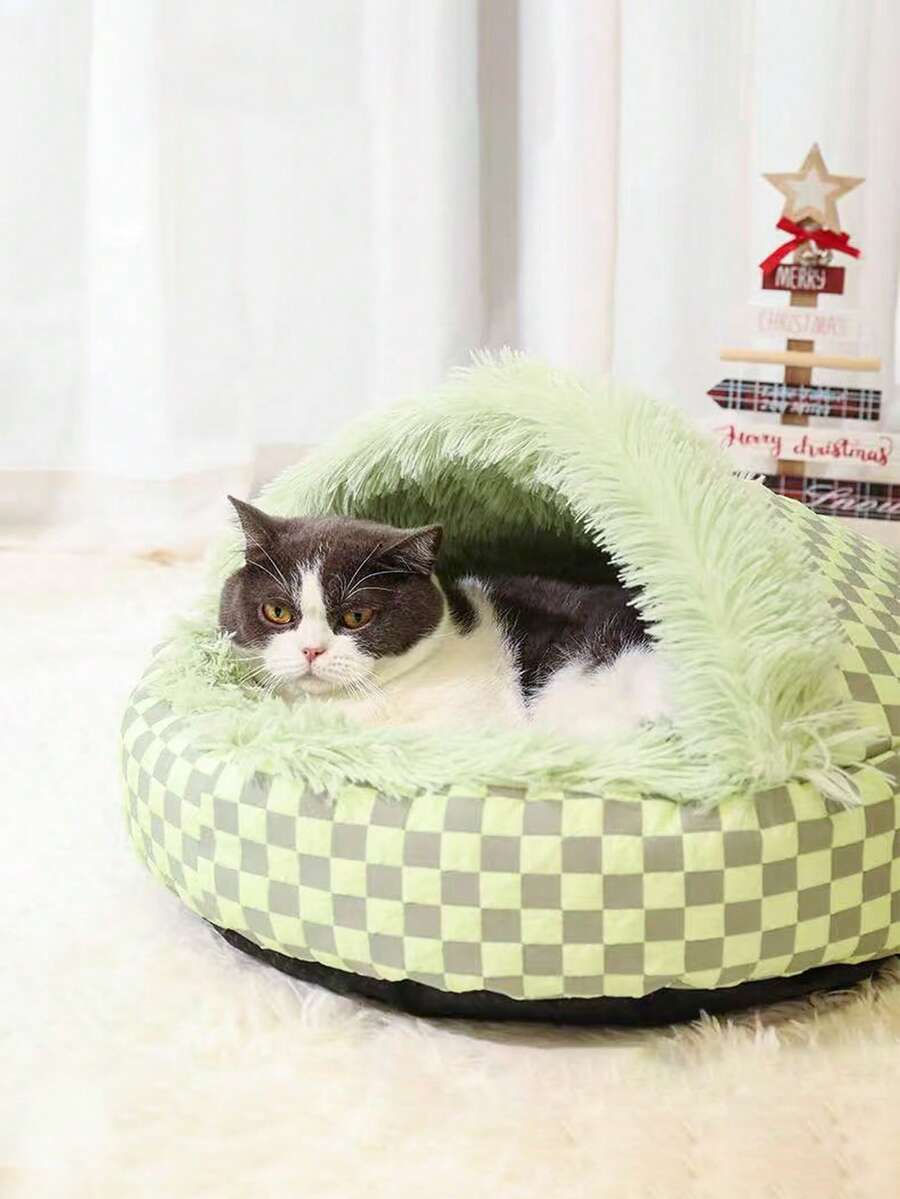 Multicolor semi-enclosed shell pet bed warming nest for cats and dogs made from 100% polyester.