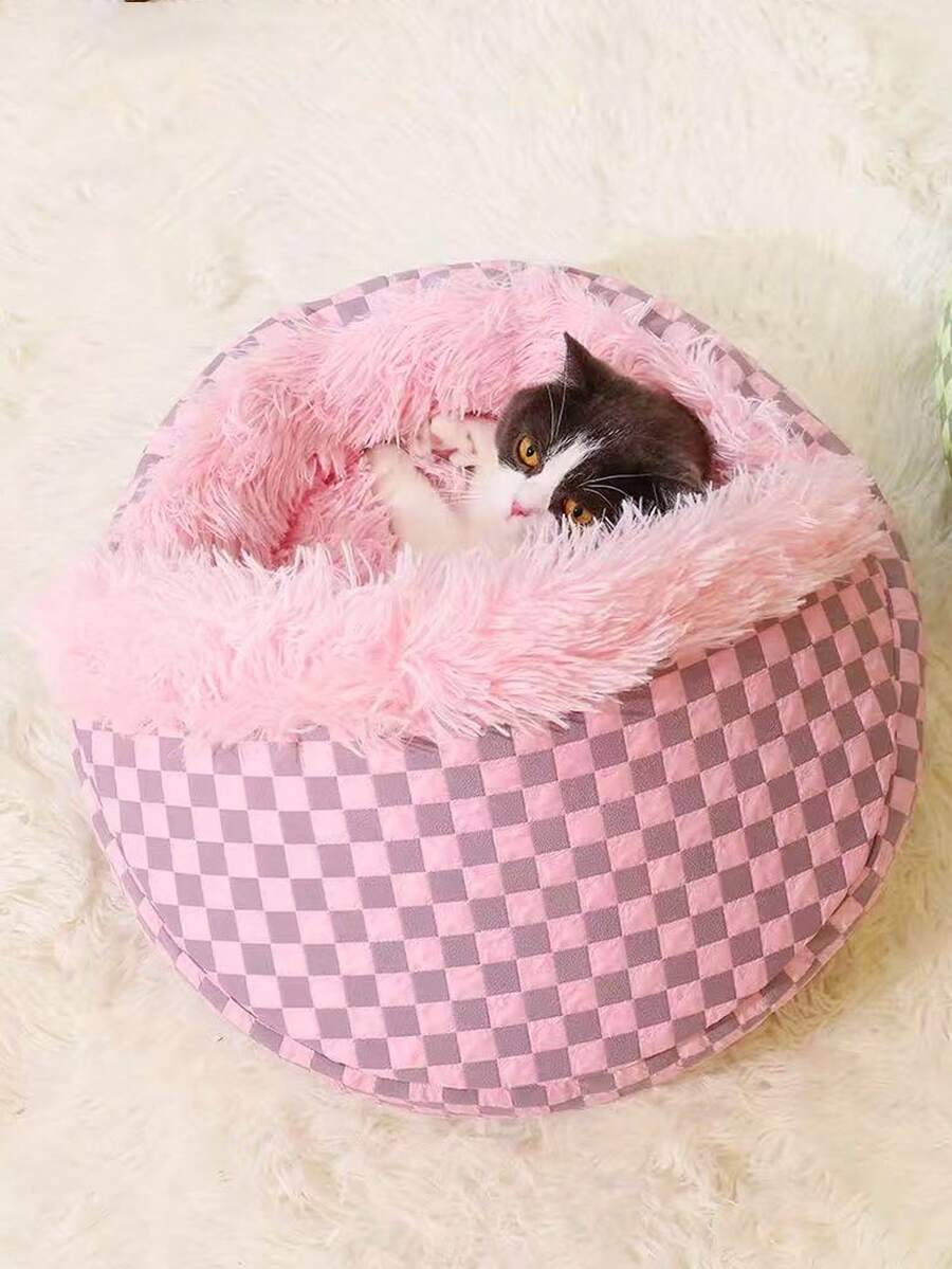 Multicolor semi-enclosed shell pet bed warming nest for cats and dogs made from 100% polyester.