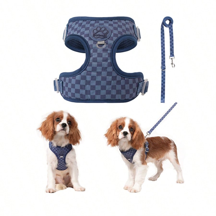 Spring New Plaid Pattern Dog Harness And Leash Set, Made Of Soft Breathable Mesh Fabric, Back Equipped With Round Ring For Increased Stability, Anti-Friction Design, Adjustable Size, Suitable For Small Dogs - Fashionable And Comfortable, Ideal For Daily
