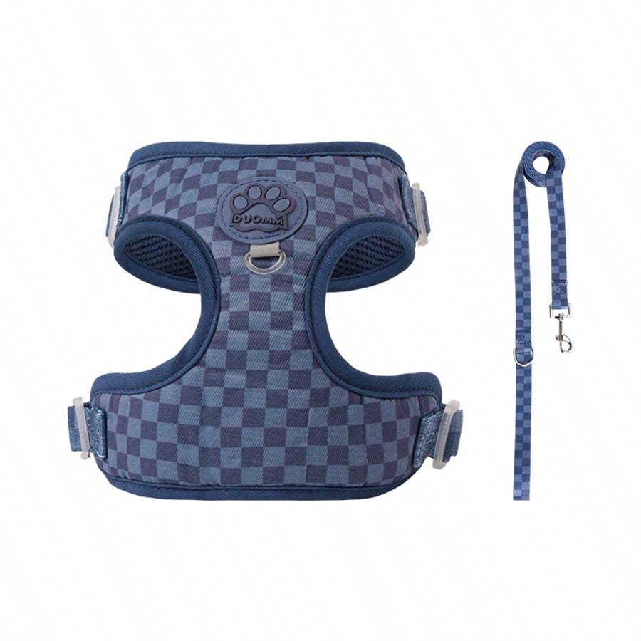 Navy blue checkered dog harness and leash set made from polyester with breathable mesh, adjustable fit, back circular ring, and matching leash for cats or small dogs.