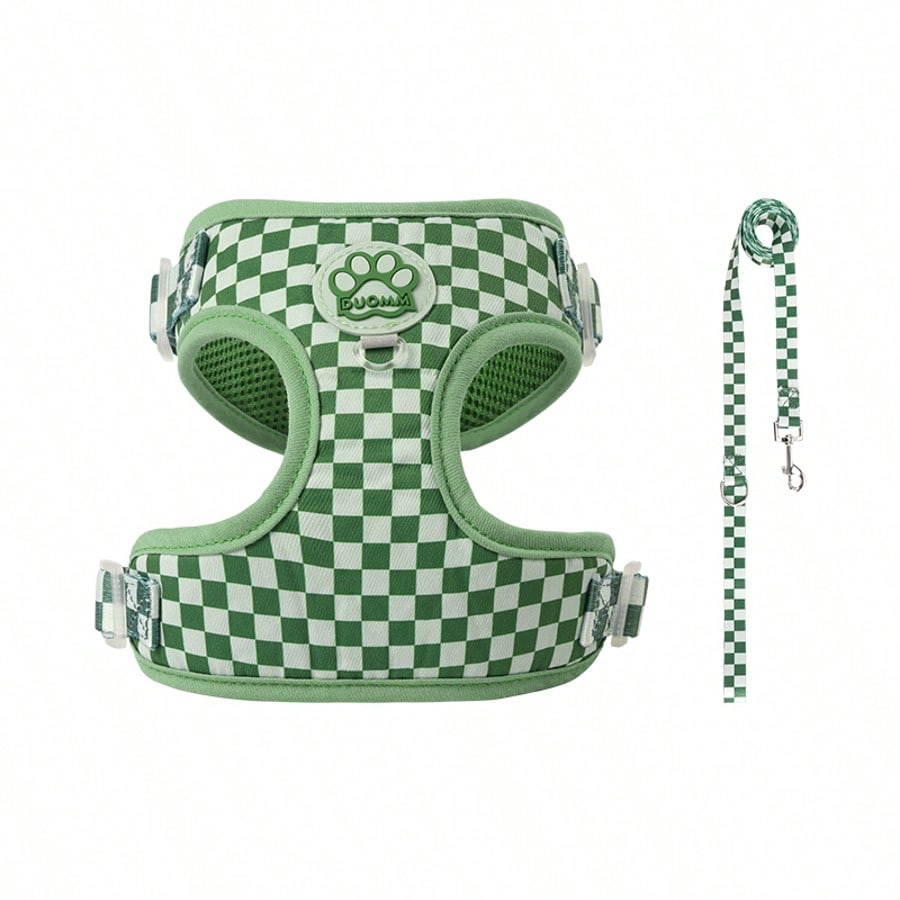 Green plaid dog harness and leash set made of breathable polyester mesh with adjustable anti-friction design, back round ring, matching leash, and waste bag holder for small dogs and cats.