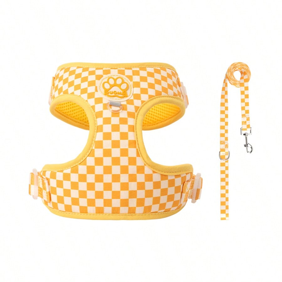 Spring New Plaid Pattern Dog Harness And Leash Set, Made Of Soft Breathable Mesh Fabric, Back Equipped With Round Ring For Increased Stability, Anti-Friction Design, Adjustable Size, Suitable For Small Dogs - Fashionable And Comfortable, Ideal For Daily