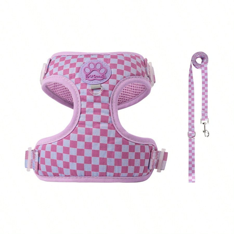 Mauve purple plaid dog harness and leash set made of polyester mesh, adjustable for small cats or dogs, with back ring and waste bag holder for walking and training.