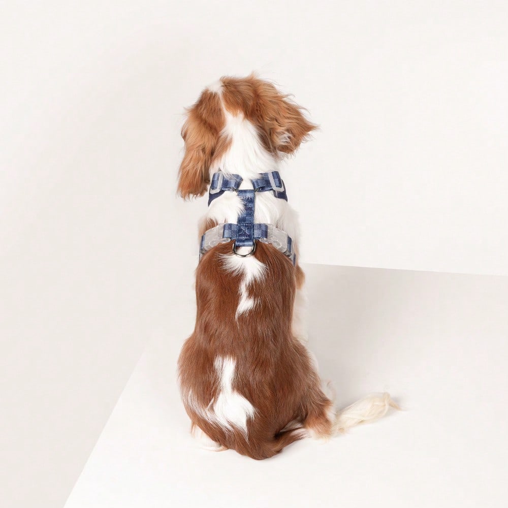 Navy blue checkered dog harness and leash set made from polyester with breathable mesh, adjustable fit, back circular ring, and matching leash for cats or small dogs.