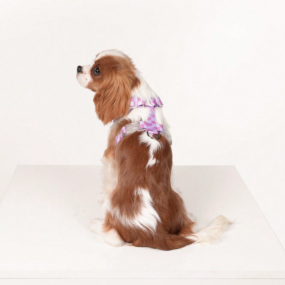Mauve purple plaid dog harness and leash set made of polyester mesh, adjustable for small cats or dogs, with back ring and waste bag holder for walking and training.