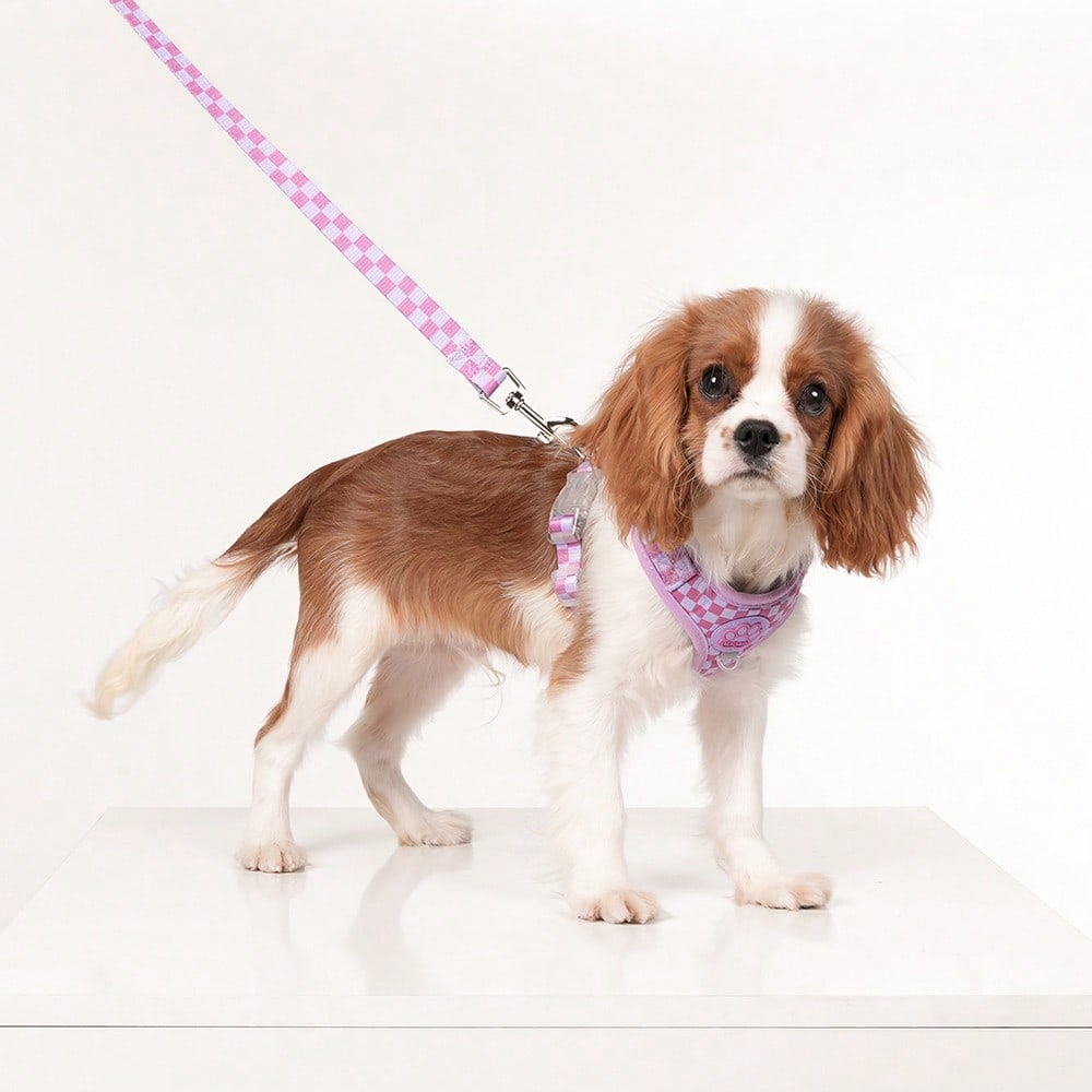 Mauve purple plaid dog harness and leash set made of polyester mesh, adjustable for small cats or dogs, with back ring and waste bag holder for walking and training.