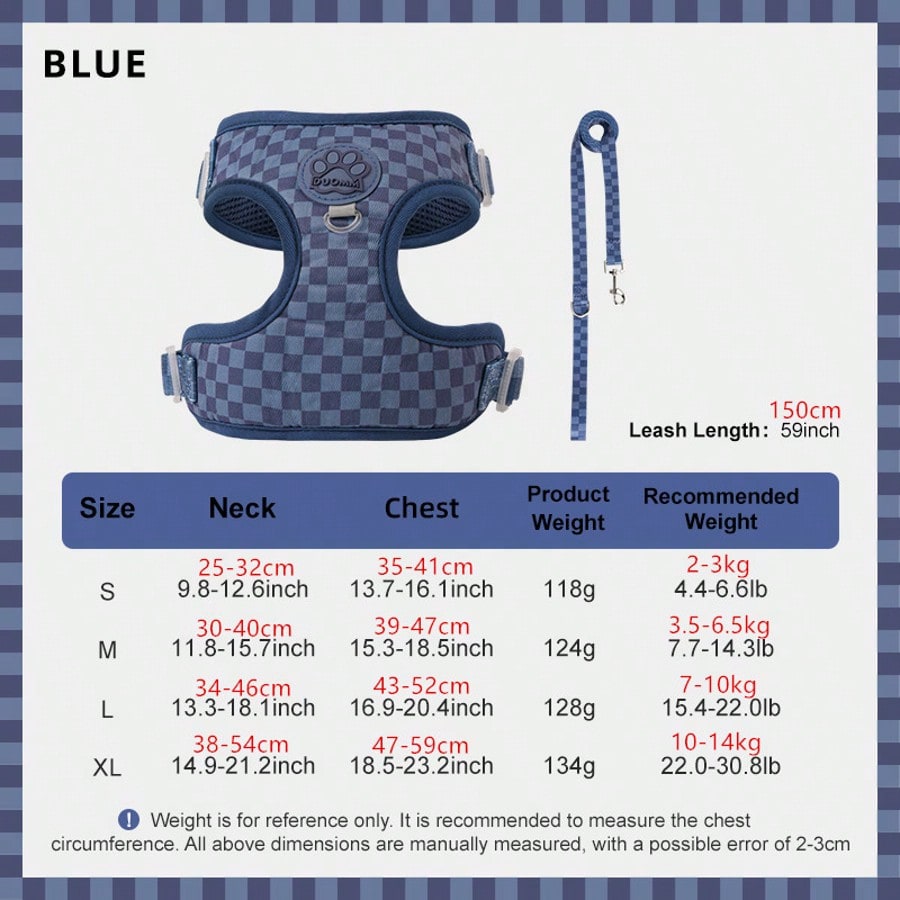 Navy blue checkered dog harness and leash set made from polyester with breathable mesh, adjustable fit, back circular ring, and matching leash for cats or small dogs.