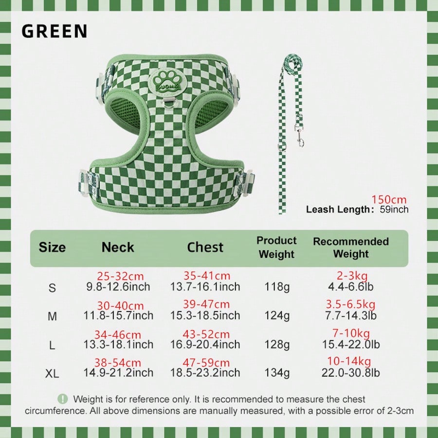 Green plaid dog harness and leash set made of breathable polyester mesh with adjustable anti-friction design, back round ring, matching leash, and waste bag holder for small dogs and cats.