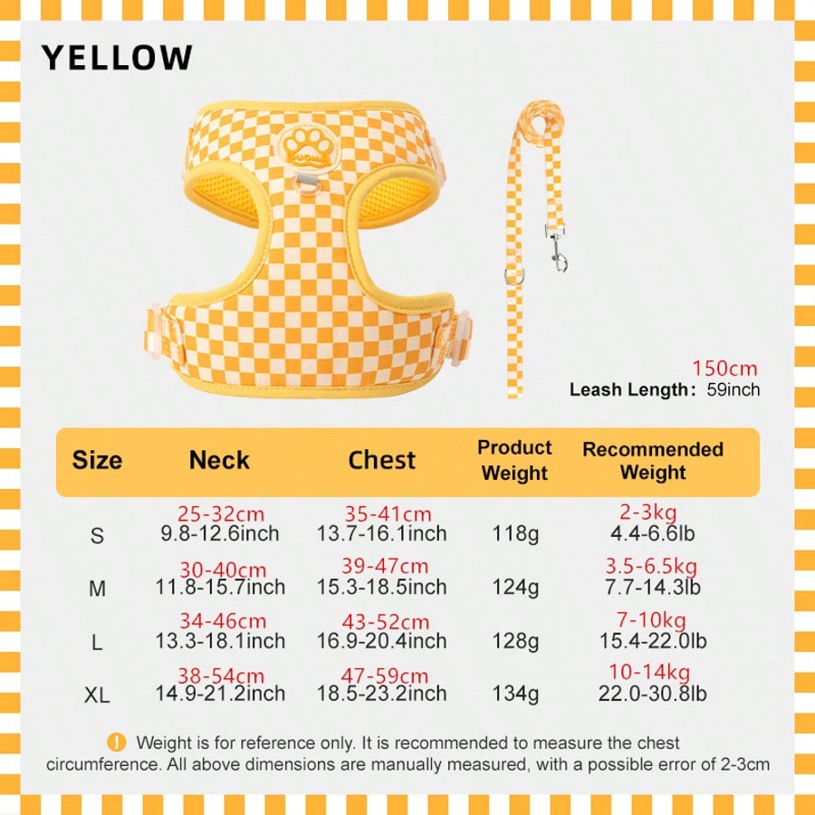 Spring New Plaid Pattern Dog Harness And Leash Set, Made Of Soft Breathable Mesh Fabric, Back Equipped With Round Ring For Increased Stability, Anti-Friction Design, Adjustable Size, Suitable For Small Dogs - Fashionable And Comfortable, Ideal For Daily