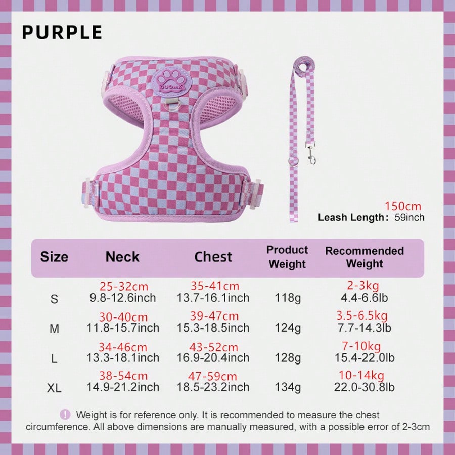 Mauve purple plaid dog harness and leash set made of polyester mesh, adjustable for small cats or dogs, with back ring and waste bag holder for walking and training.