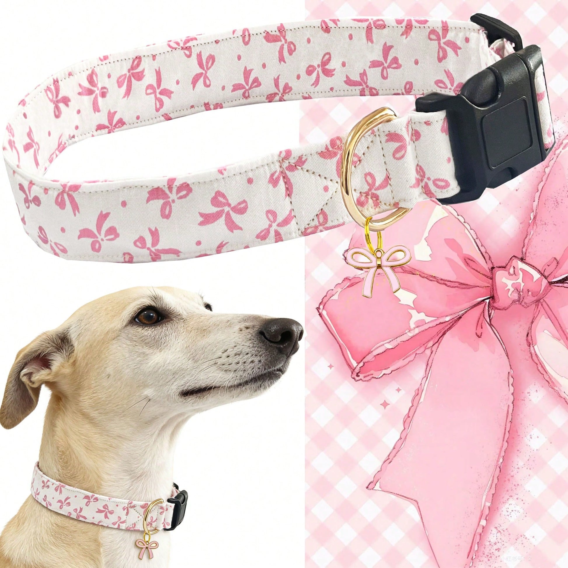 Baby pink adjustable polyester dog collar with sweet bow print and bow tie pendant for small, medium, and large dogs