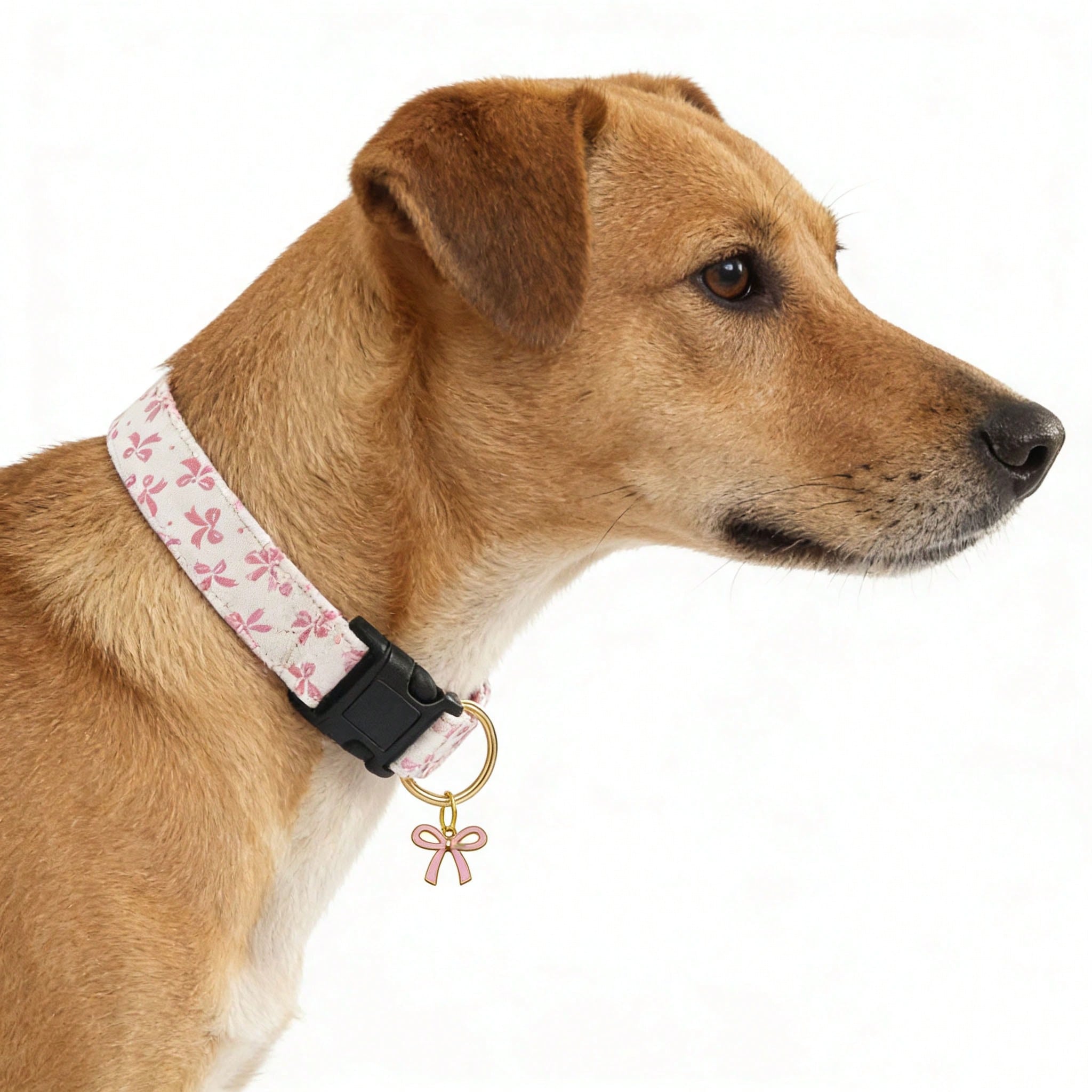 Baby pink adjustable polyester dog collar with sweet bow print and bow tie pendant for small, medium, and large dogs