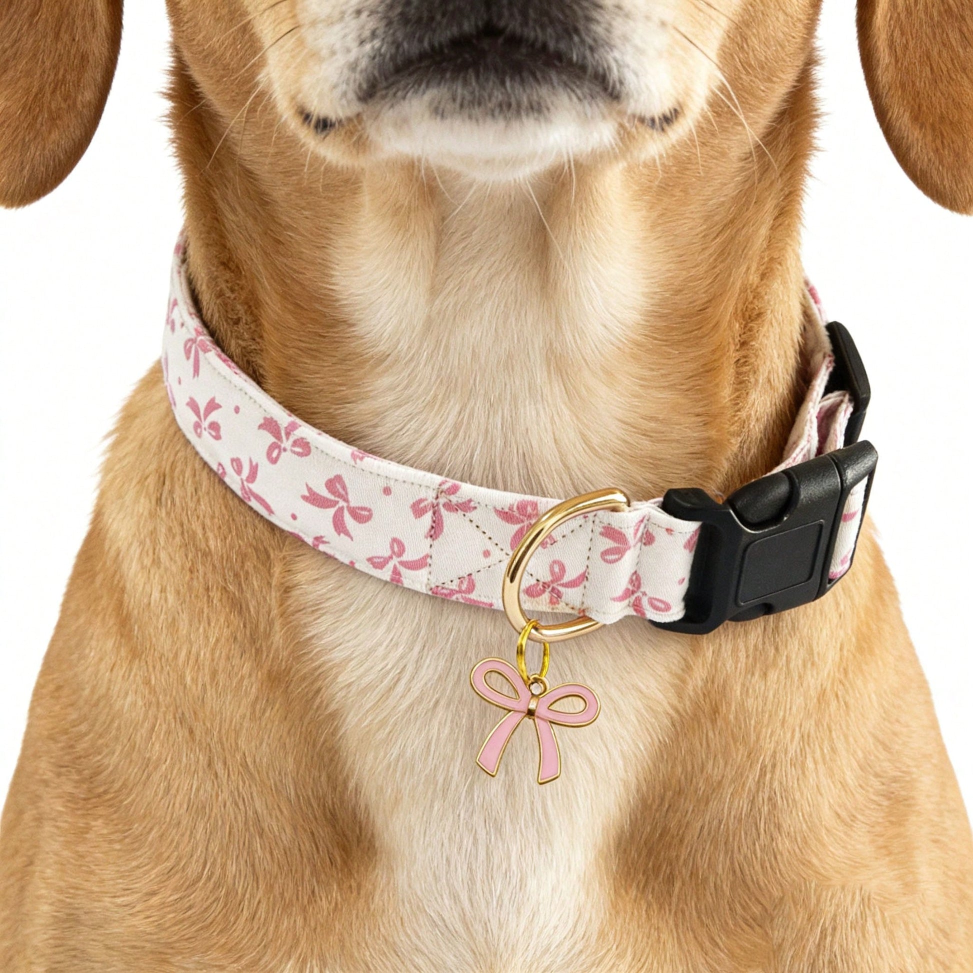 Baby pink adjustable polyester dog collar with sweet bow print and bow tie pendant for small, medium, and large dogs