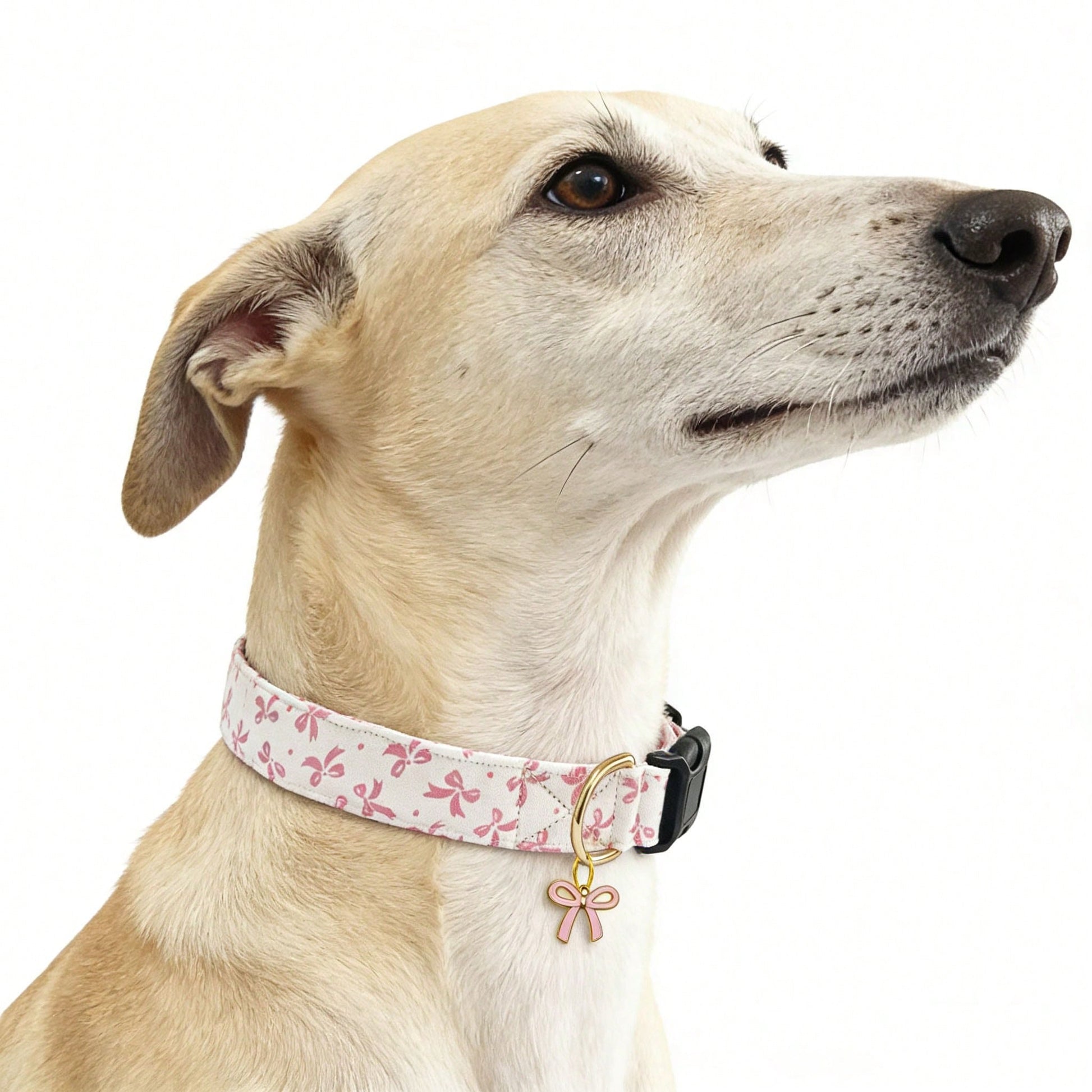 Baby pink adjustable polyester dog collar with sweet bow print and bow tie pendant for small, medium, and large dogs