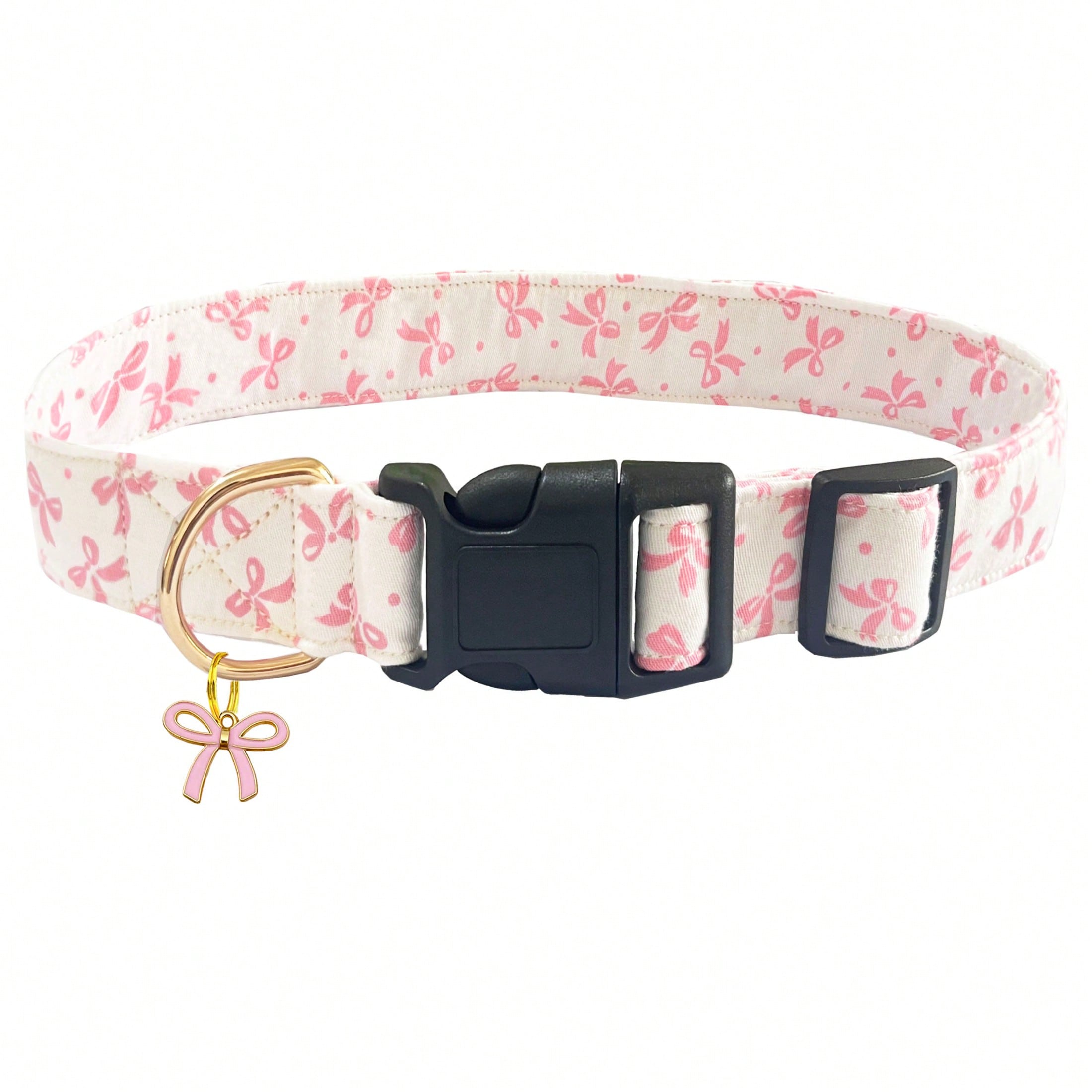 Baby pink adjustable polyester dog collar with sweet bow print and bow tie pendant for small, medium, and large dogs