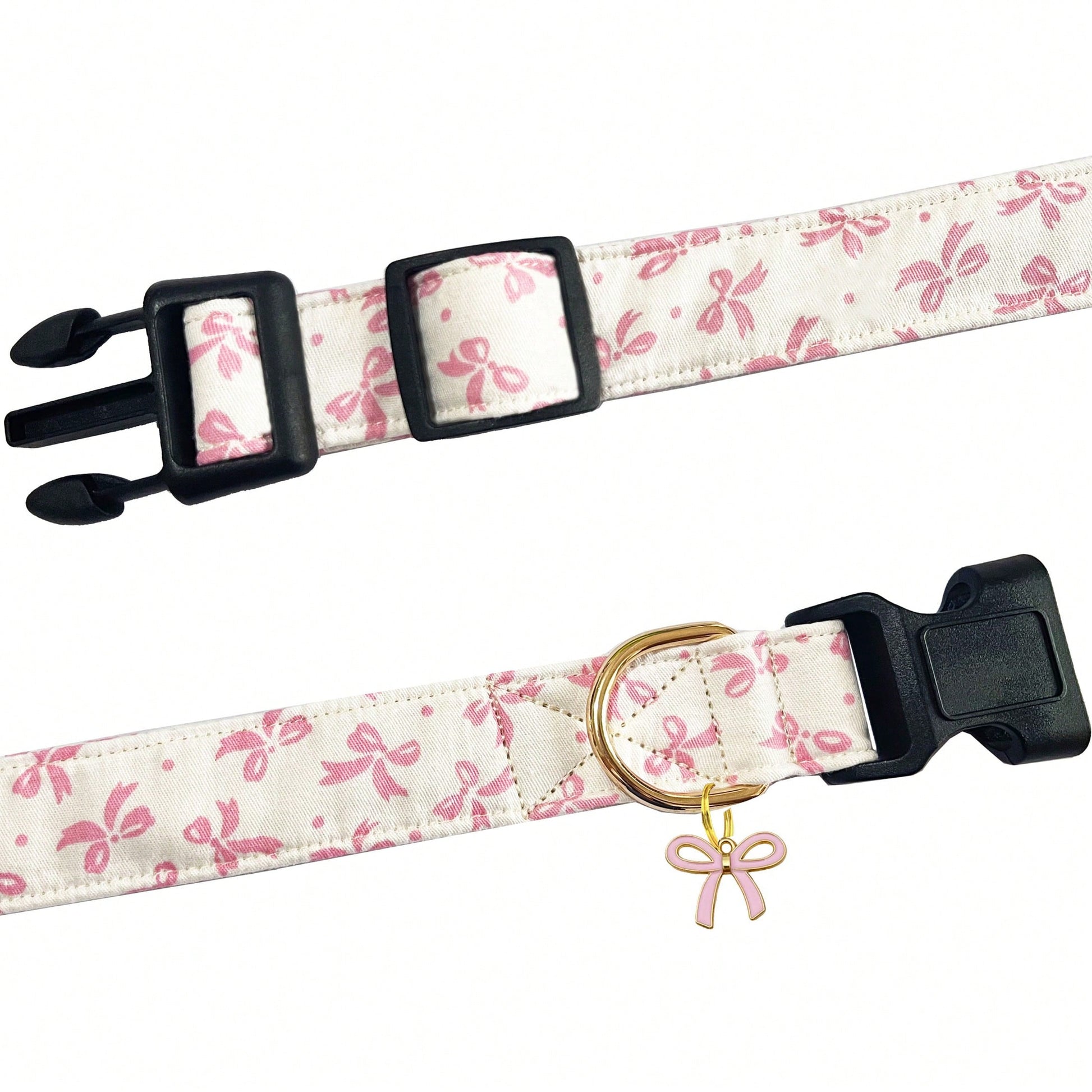Baby pink adjustable polyester dog collar with sweet bow print and bow tie pendant for small, medium, and large dogs