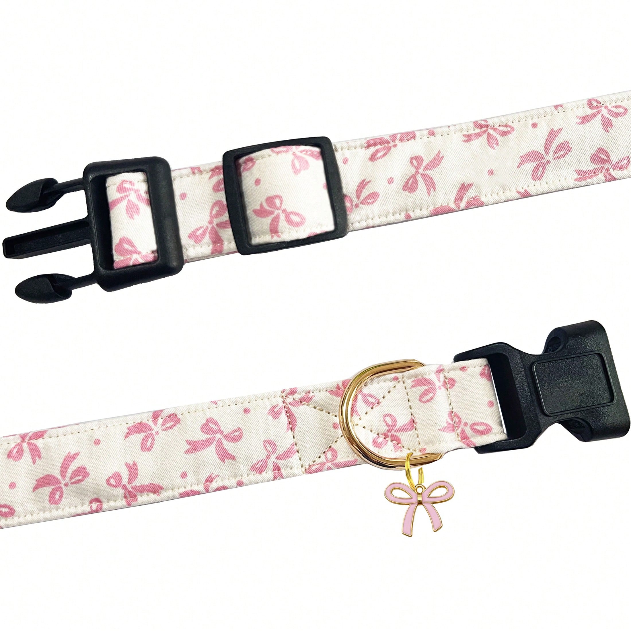 Baby pink adjustable polyester dog collar with sweet bow print and bow tie pendant for small, medium, and large dogs