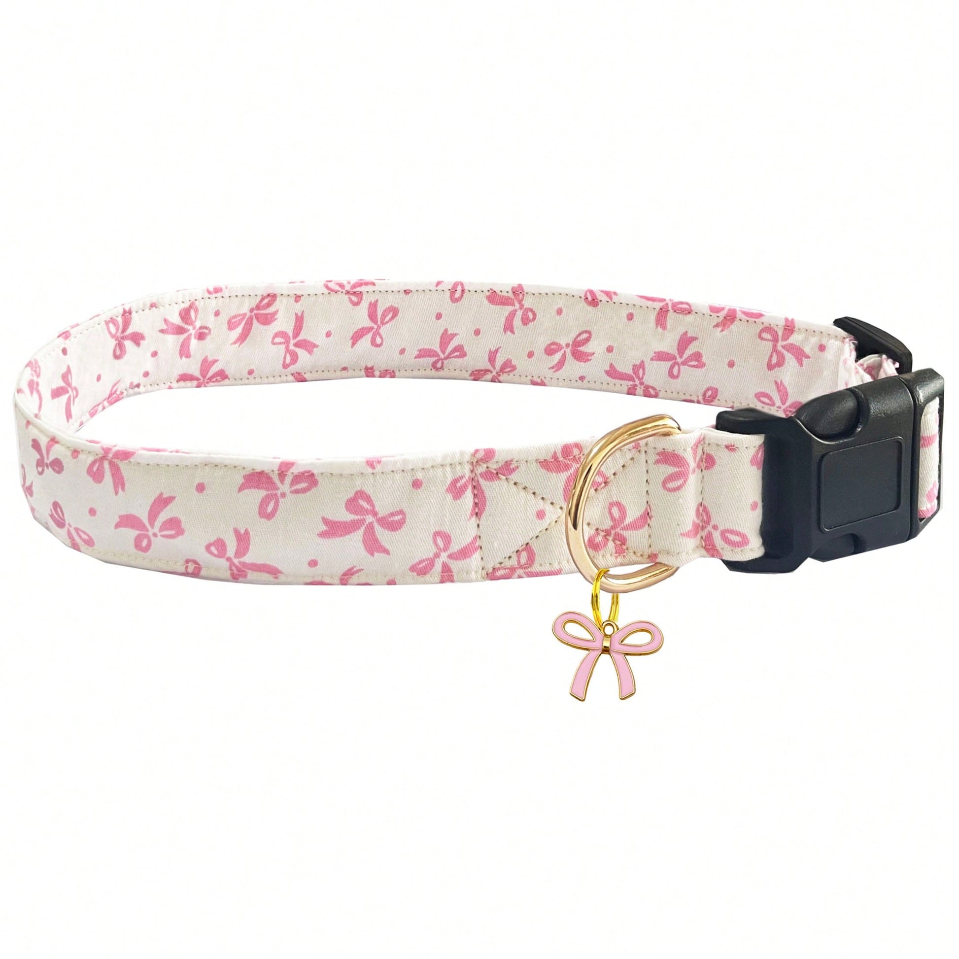 Baby pink adjustable polyester dog collar with sweet bow print and bow tie pendant for small, medium, and large dogs