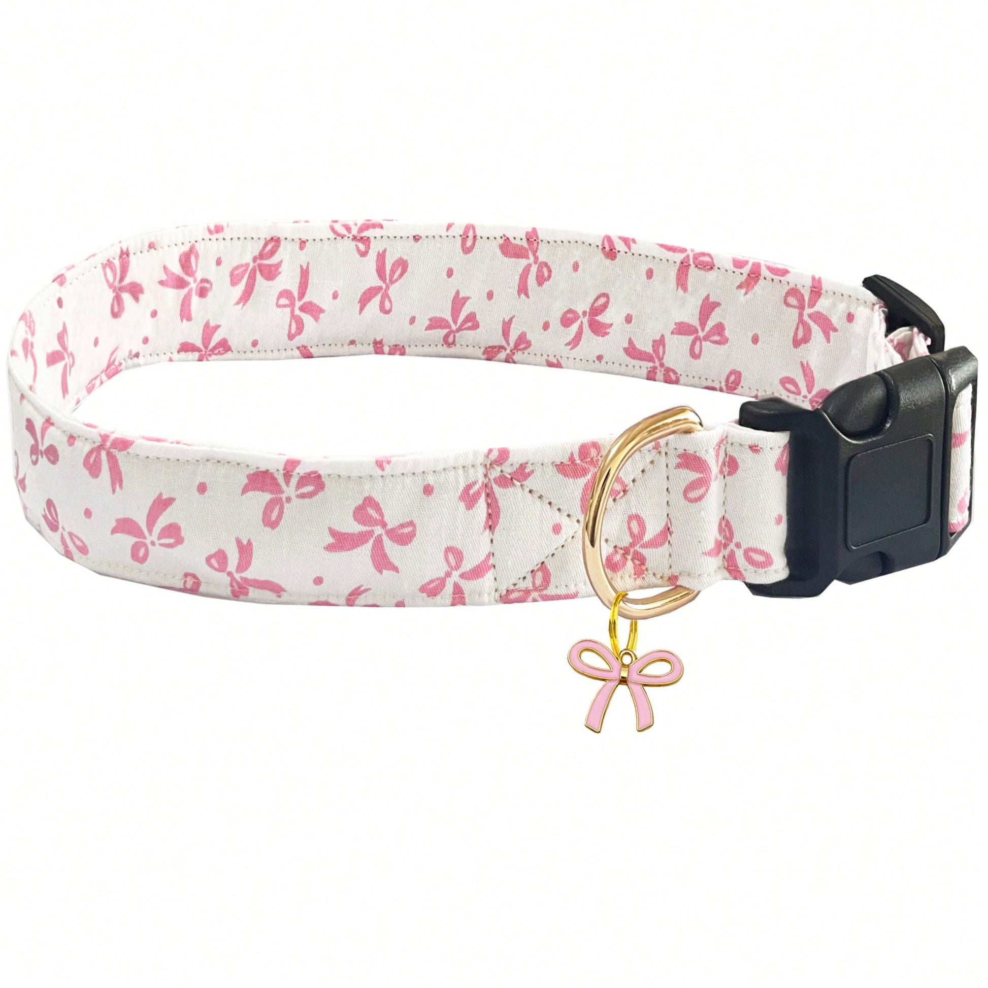 Baby pink adjustable polyester dog collar with sweet bow print and bow tie pendant for small, medium, and large dogs