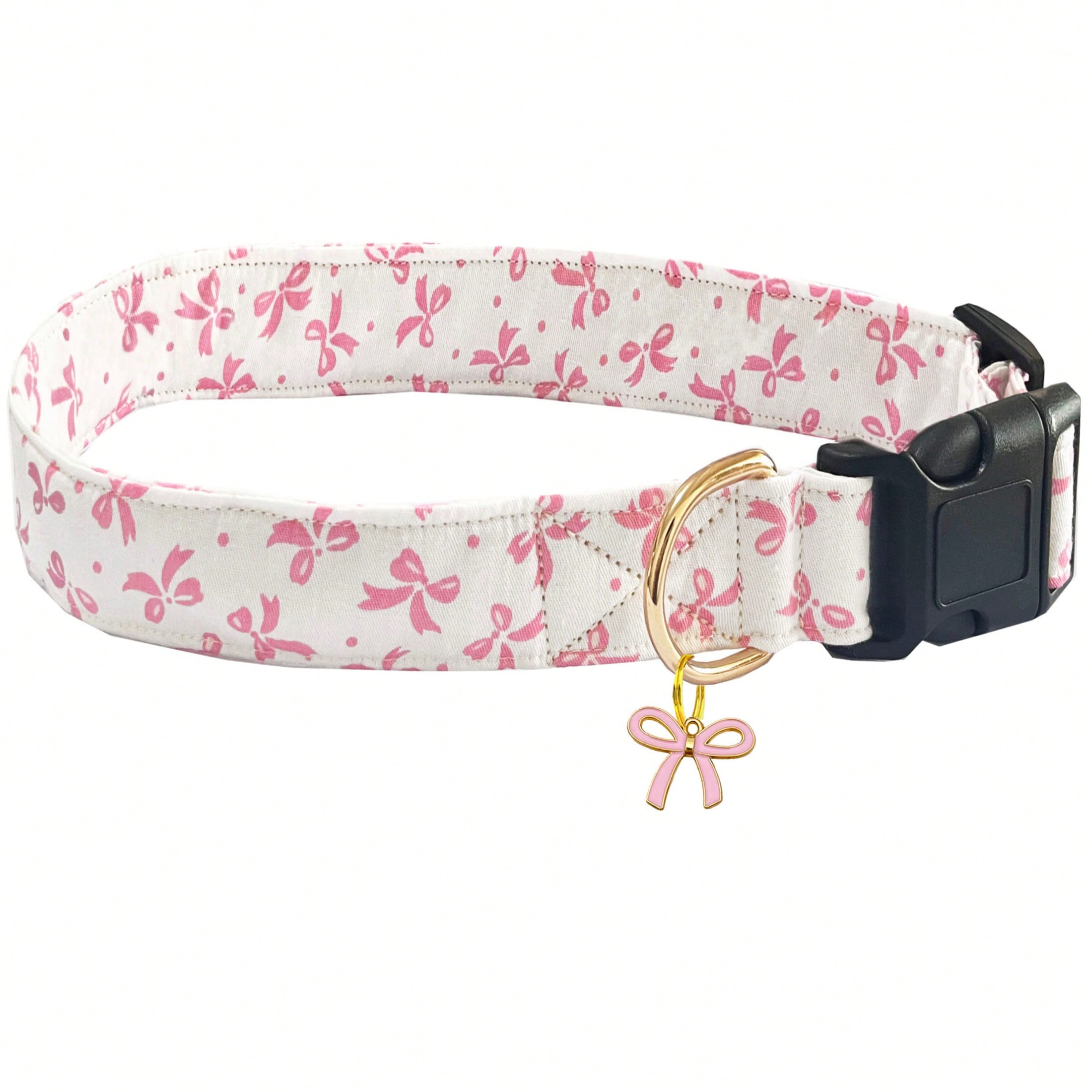 Baby pink adjustable polyester dog collar with sweet bow print and bow tie pendant for small, medium, and large dogs