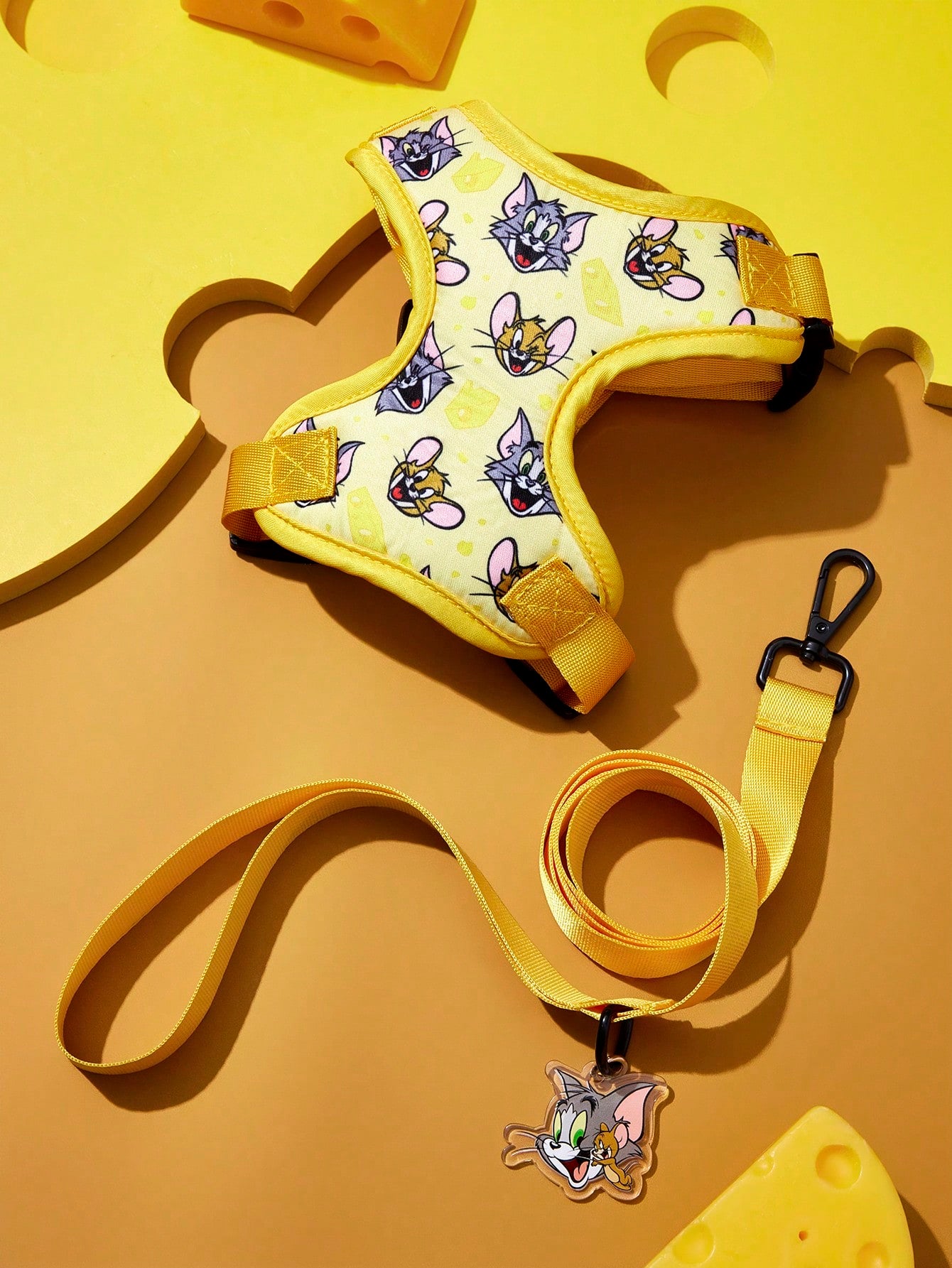 Multicolor cartoon pattern pet collar and leash set with adjustable polyester straps and portable storage bag for cats and dogs
