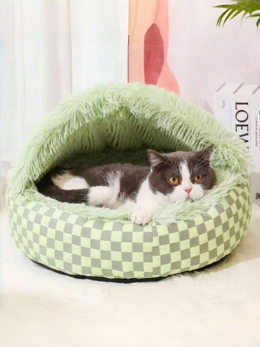 Multicolor semi-enclosed shell pet bed warming nest for cats and dogs made from 100% polyester.