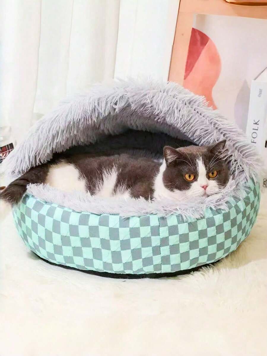 Multicolor semi-enclosed shell pet bed warming nest for cats and dogs made from 100% polyester.