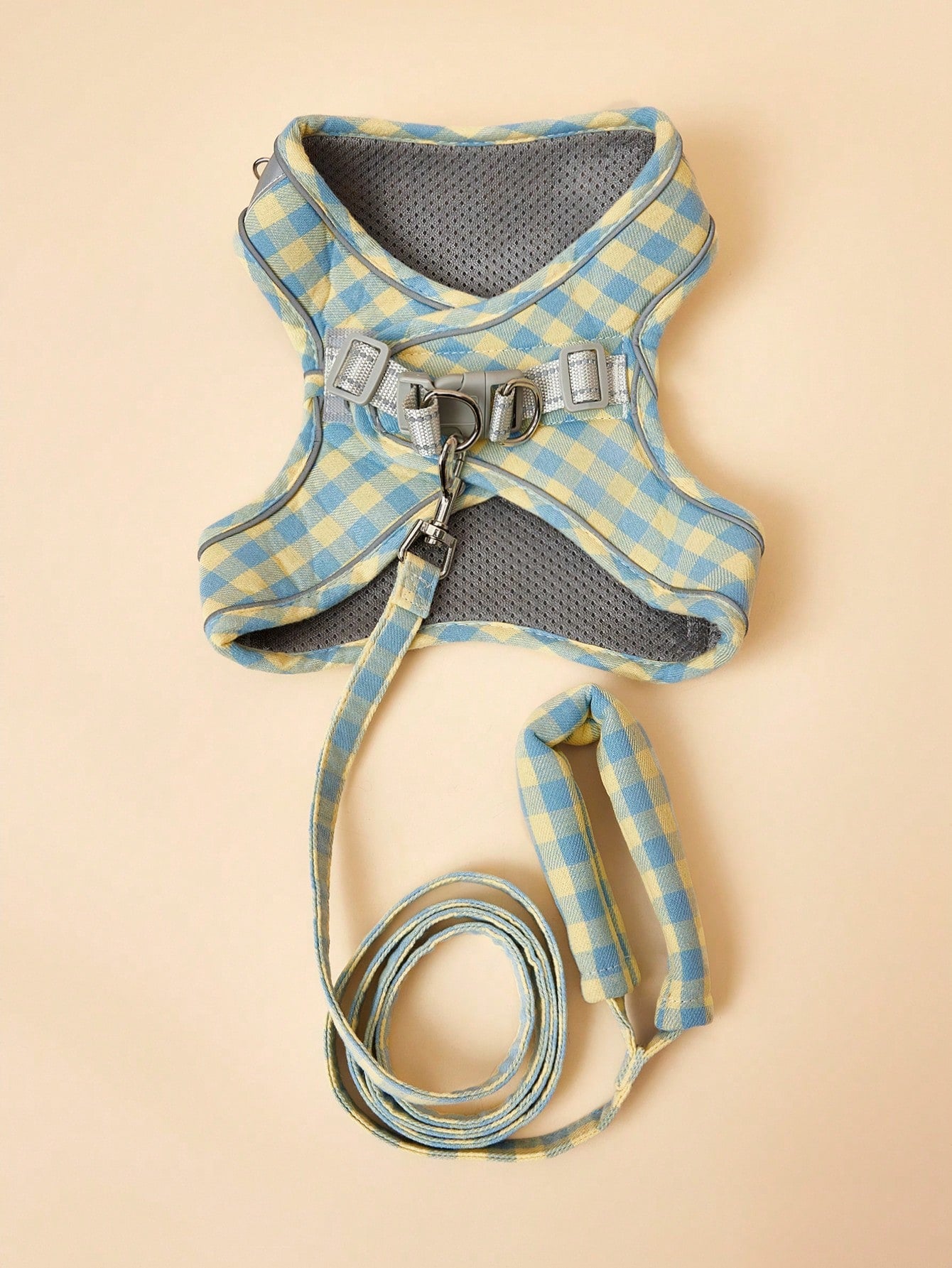Blue plaid polyester dog harness leash with adjustable vest-style coverage for small to medium cats and dogs during outdoor walks