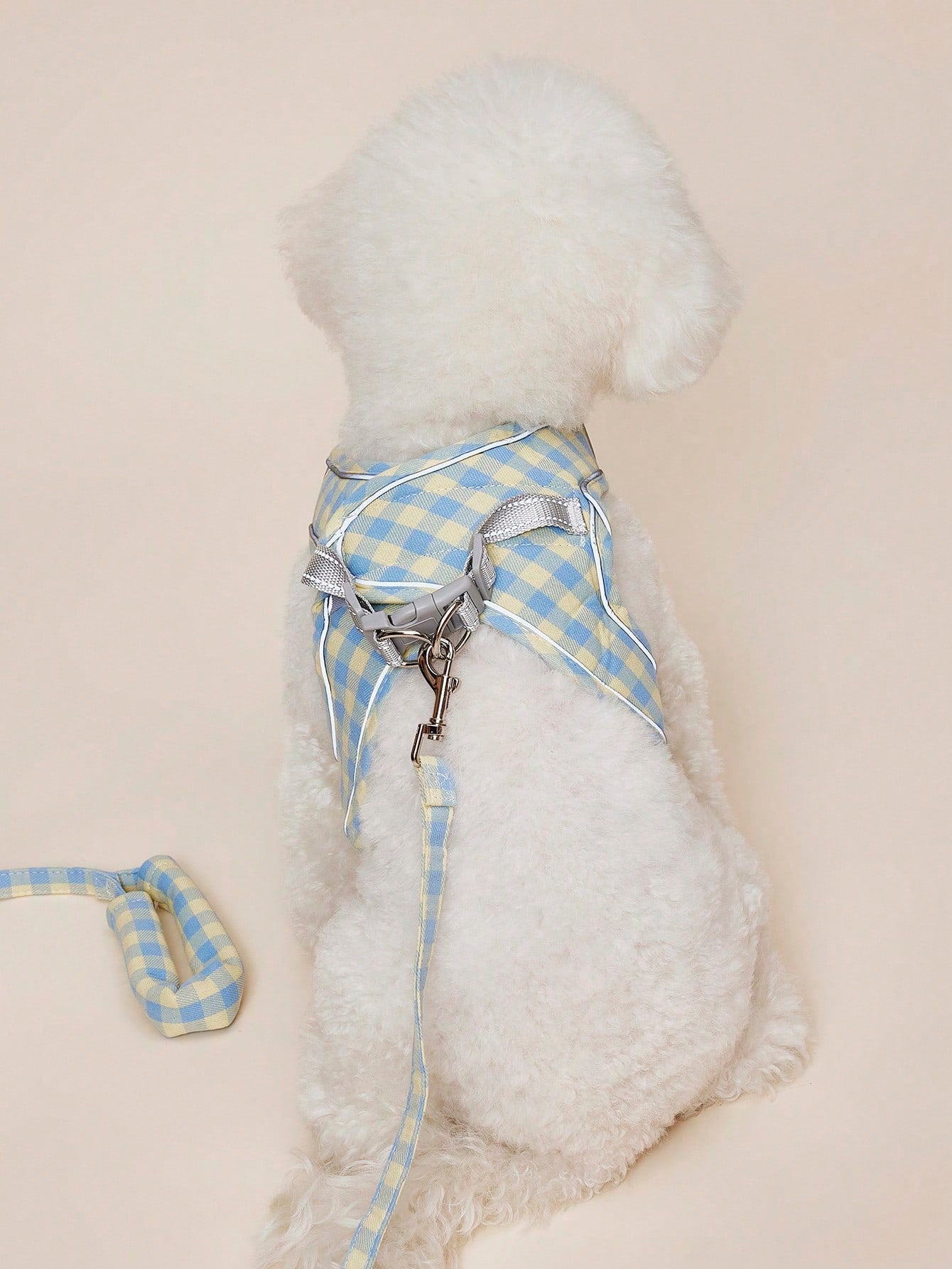 Blue plaid polyester dog harness leash with adjustable vest-style coverage for small to medium cats and dogs during outdoor walks