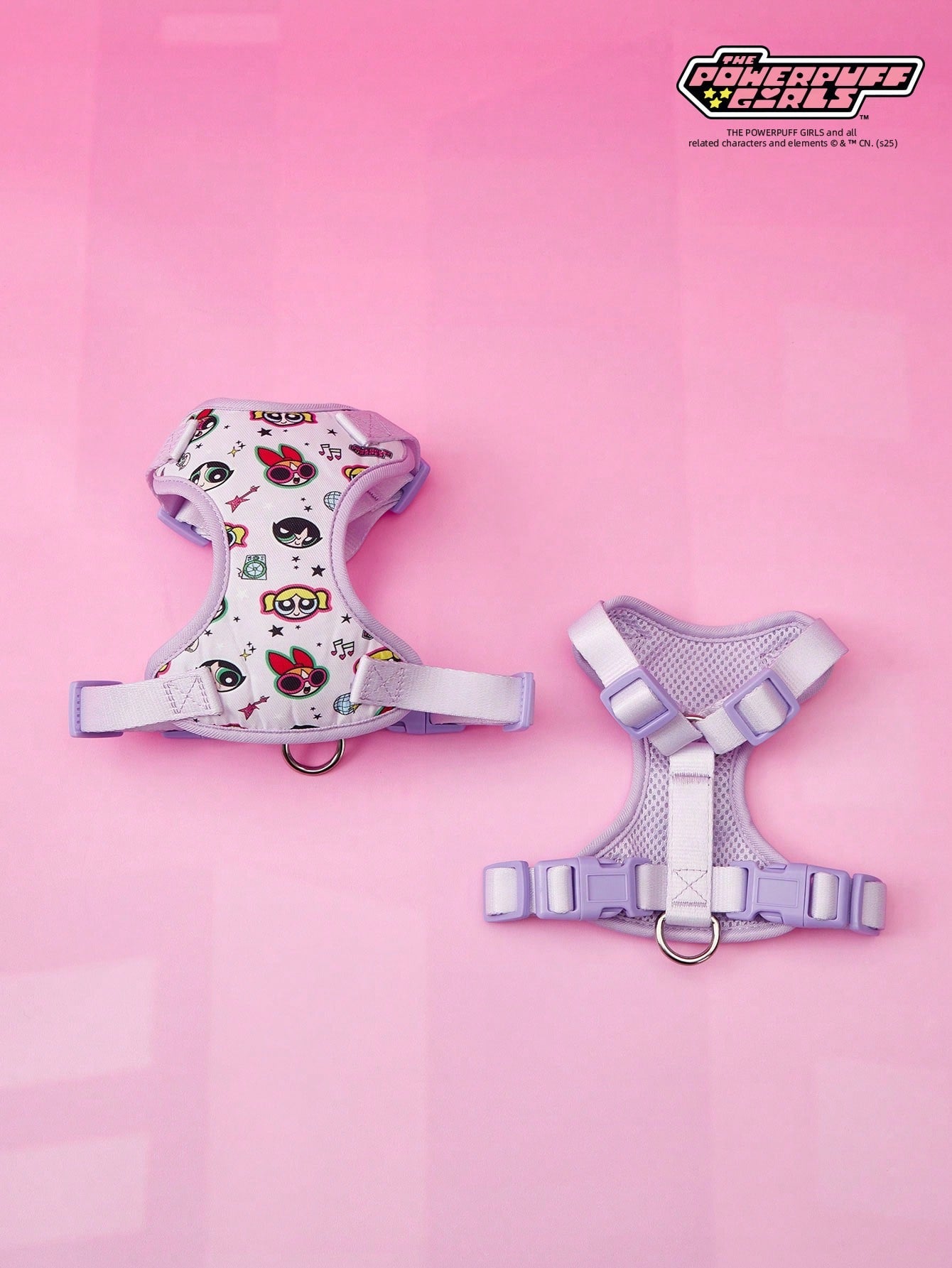 Powerpuff Girls cartoon dog harness with heart print, breathable polyester mesh, adjustable straps, and vibrant color block design for small dogs