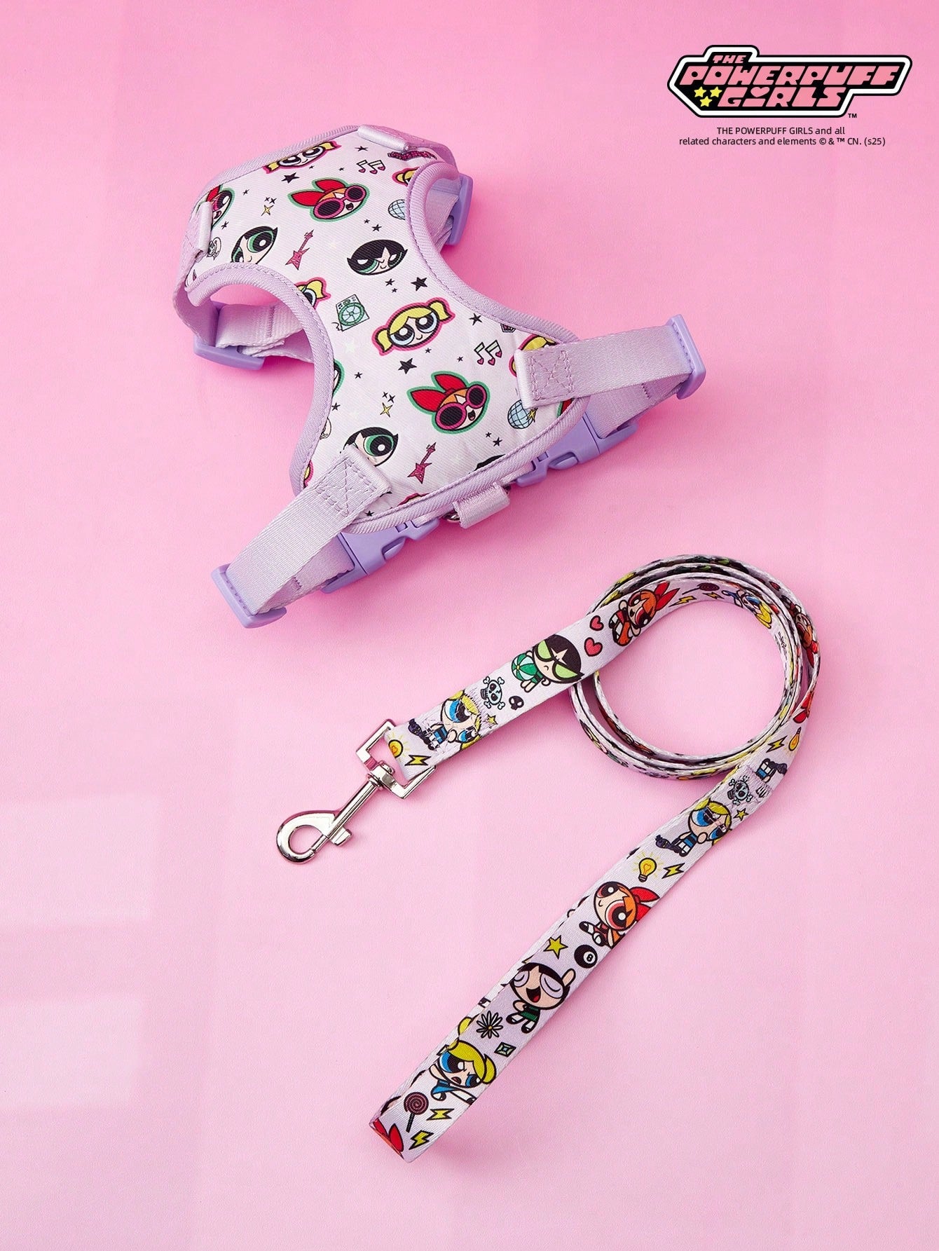 Powerpuff Girls cartoon dog harness with heart print, breathable polyester mesh, adjustable straps, and vibrant color block design for small dogs