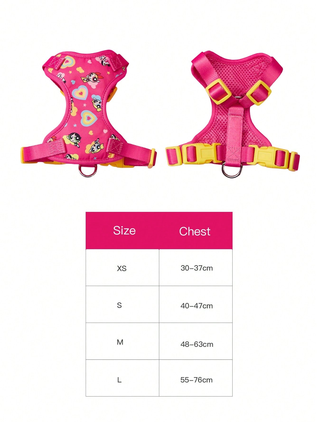 Powerpuff Girls cartoon dog harness with heart print, breathable polyester mesh, adjustable straps, and vibrant color block design for small dogs