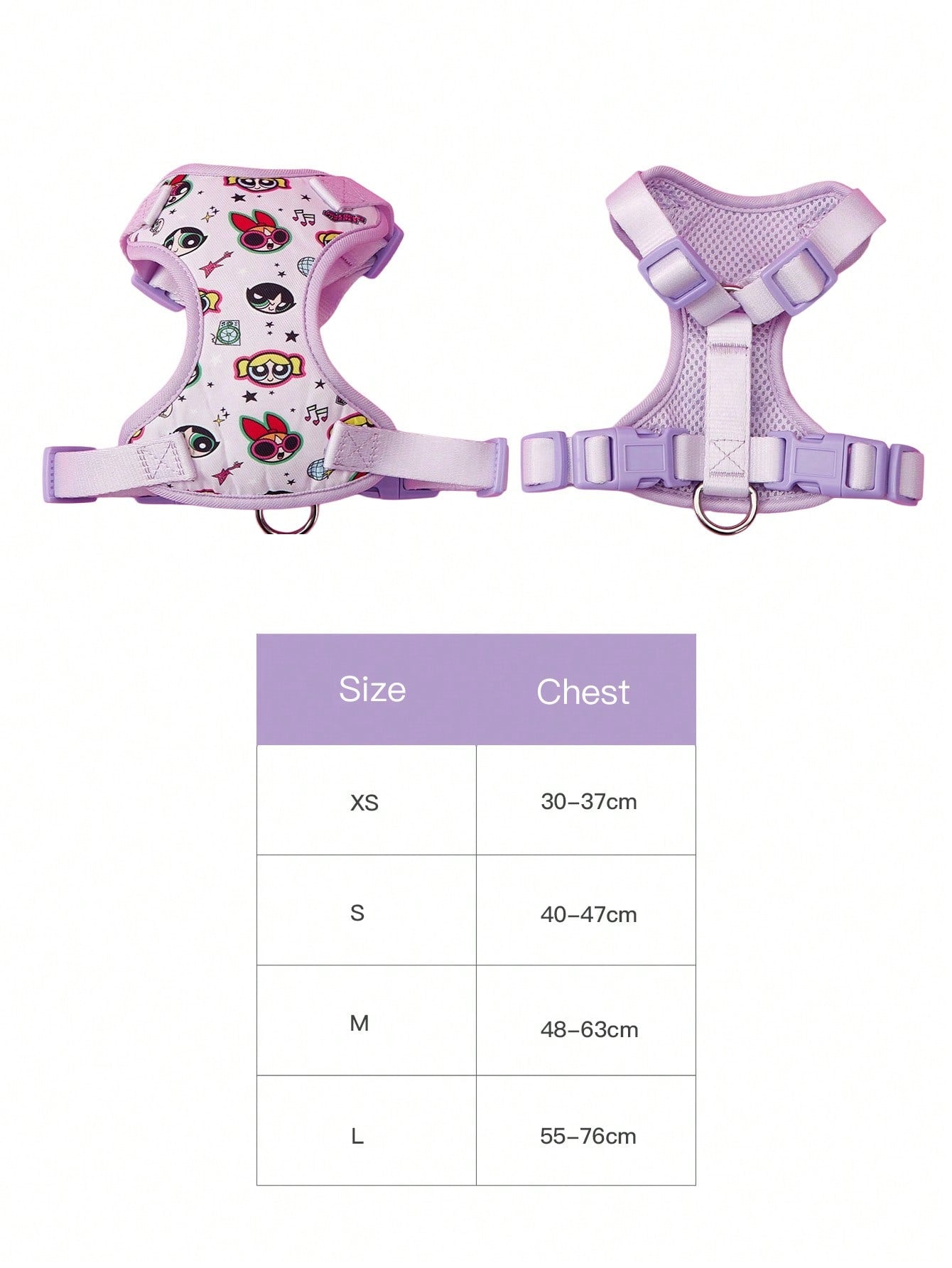 Powerpuff Girls cartoon dog harness with heart print, breathable polyester mesh, adjustable straps, and vibrant color block design for small dogs