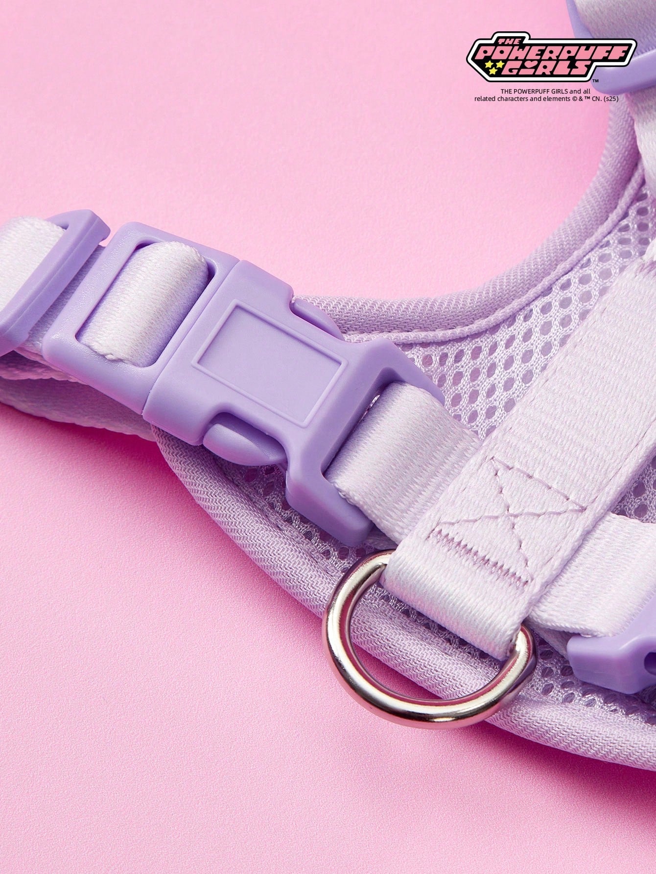 Powerpuff Girls cartoon dog harness with heart print, breathable polyester mesh, adjustable straps, and vibrant color block design for small dogs