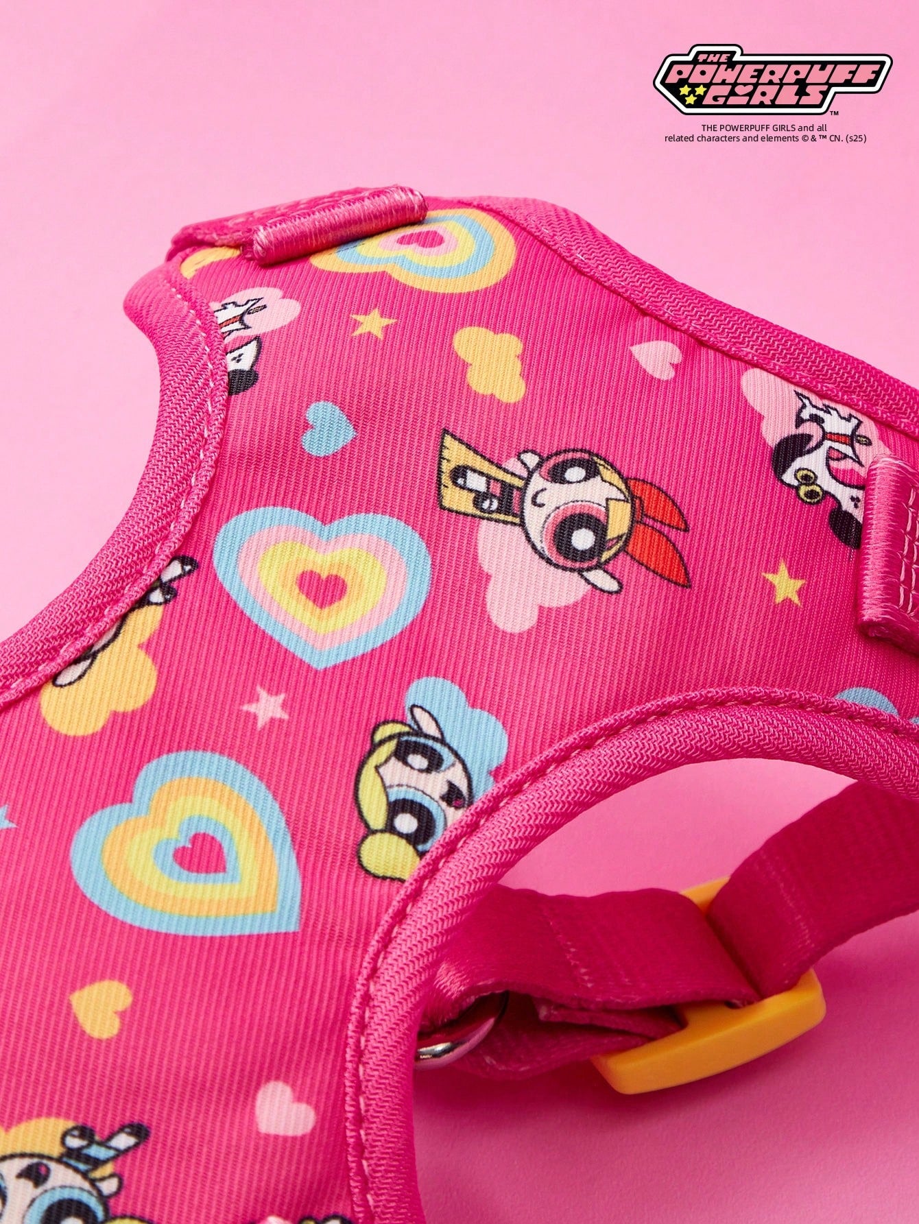 Powerpuff Girls cartoon dog harness with heart print, breathable polyester mesh, adjustable straps, and vibrant color block design for small dogs