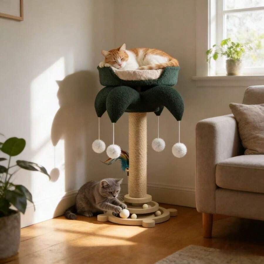 Teal blue sisal cat scratching post featuring a turtle base and clown hat design vertical pole made from durable MDF for cats and dogs.