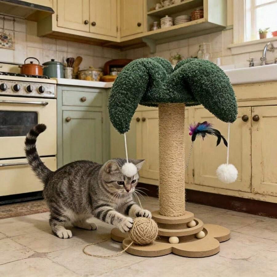 Teal blue sisal cat scratching post featuring a turtle base and clown hat design vertical pole made from durable MDF for cats and dogs.