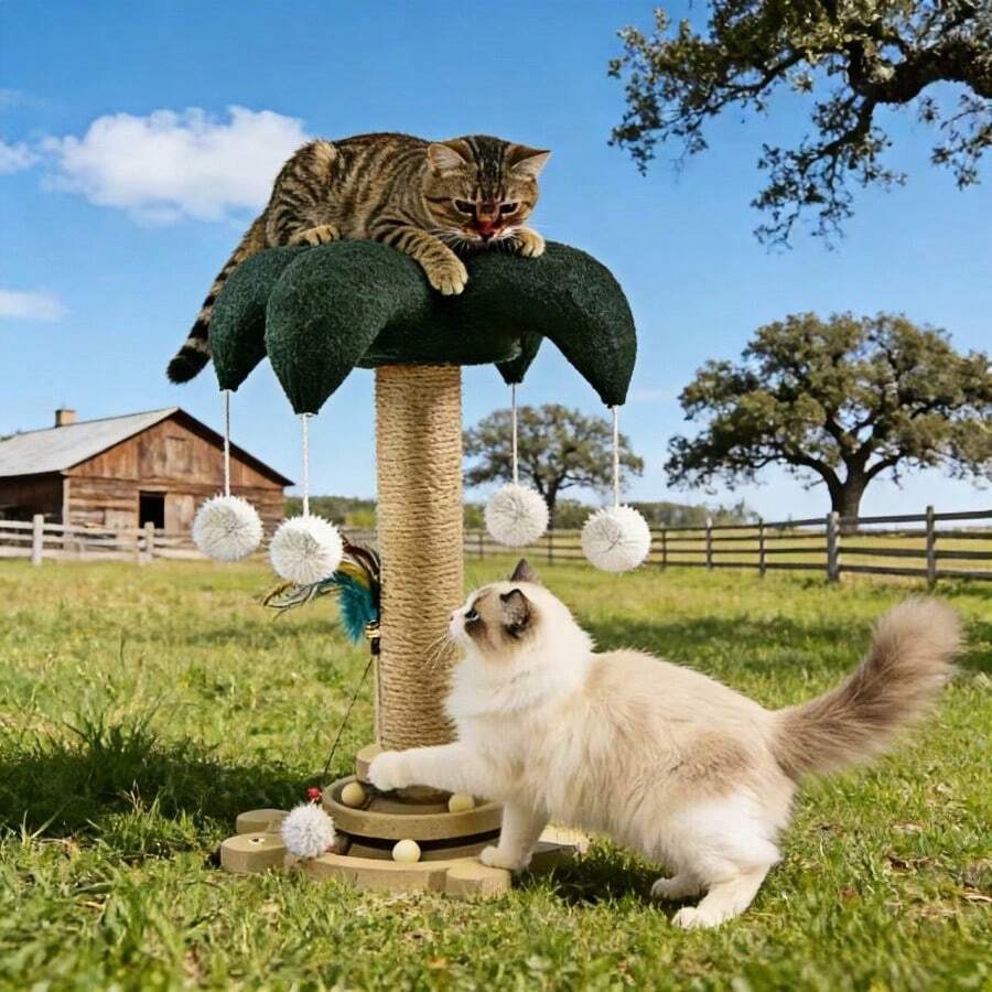 Teal blue sisal cat scratching post featuring a turtle base and clown hat design vertical pole made from durable MDF for cats and dogs.