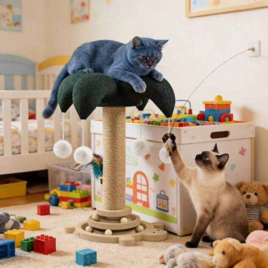Teal blue sisal cat scratching post featuring a turtle base and clown hat design vertical pole made from durable MDF for cats and dogs.