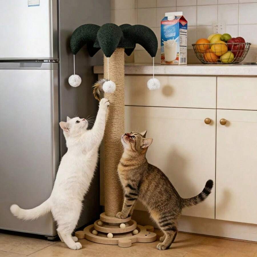Teal blue sisal cat scratching post featuring a turtle base and clown hat design vertical pole made from durable MDF for cats and dogs.