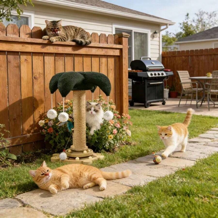 Teal blue sisal cat scratching post featuring a turtle base and clown hat design vertical pole made from durable MDF for cats and dogs.