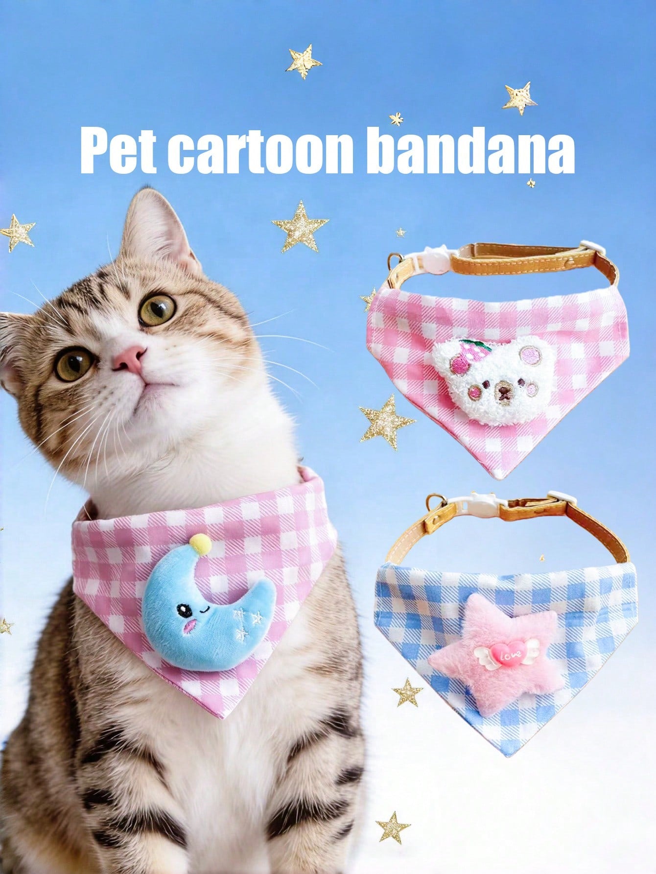 Multicolor polyester triangular pet bandana collar with cartoon design for cats and dogs, used as a cute drooling towel and pet accessory.