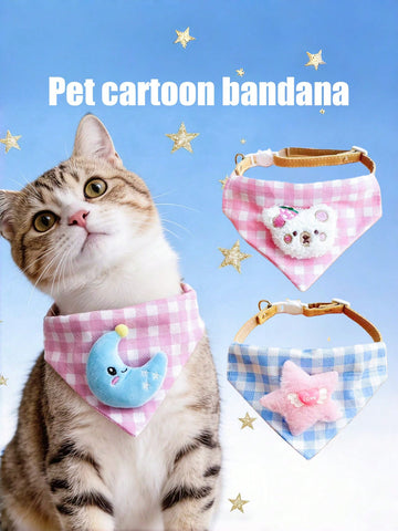 Multicolor polyester triangular pet bandana collar with cartoon design for cats and dogs, used as a cute drooling towel and pet accessory.