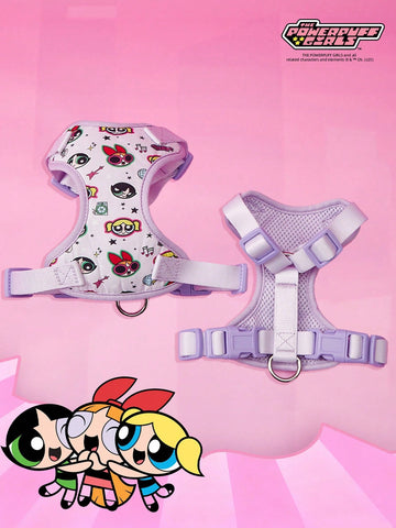 Powerpuff Girls cartoon dog harness with heart print, breathable polyester mesh, adjustable straps, and vibrant color block design for small dogs