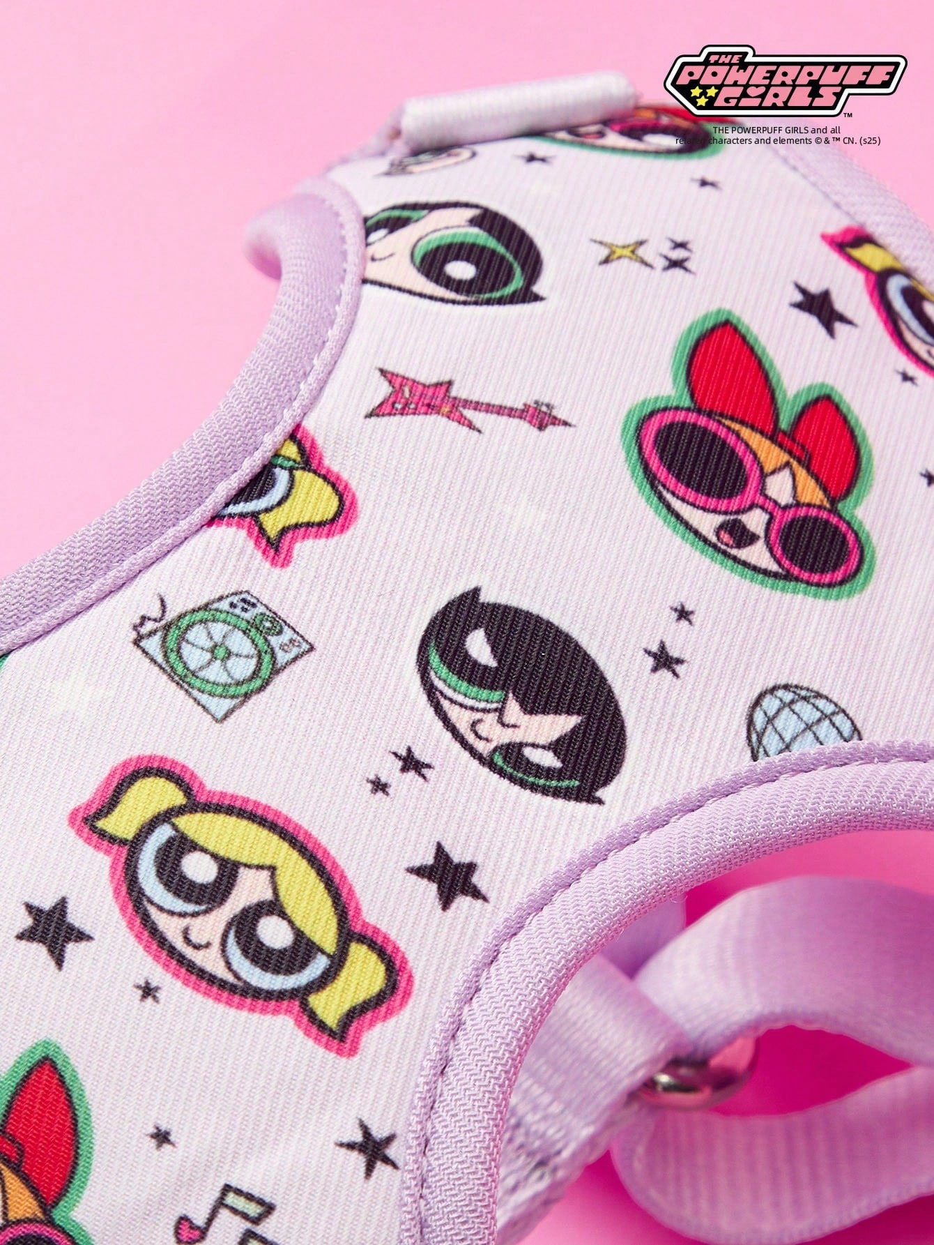 Powerpuff Girls cartoon dog harness with heart print, breathable polyester mesh, adjustable straps, and vibrant color block design for small dogs